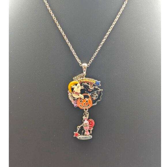 Happy Halloween Pumpkin Boo Ghost Bat Vampire Enamel Silver Tone 17" Necklace - Picture 2 of 4